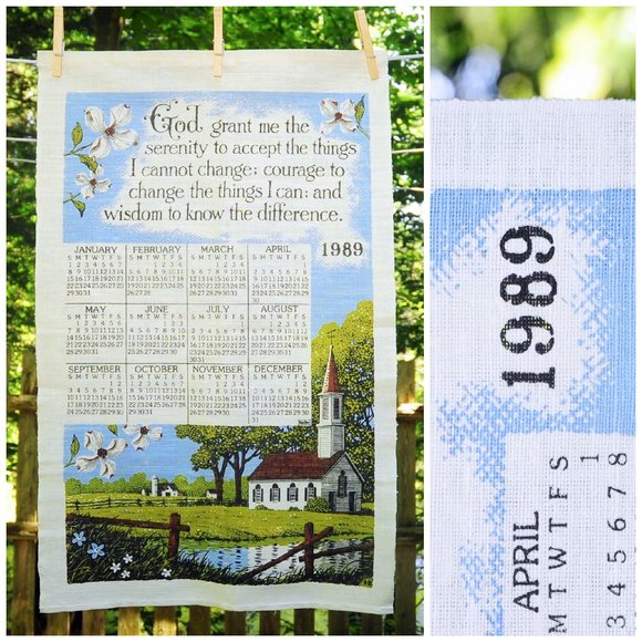 Vintage 1989 Serenity Prayer & Country Church on Pond Calendar Towel by Kay Dee - Picture 1 of 7